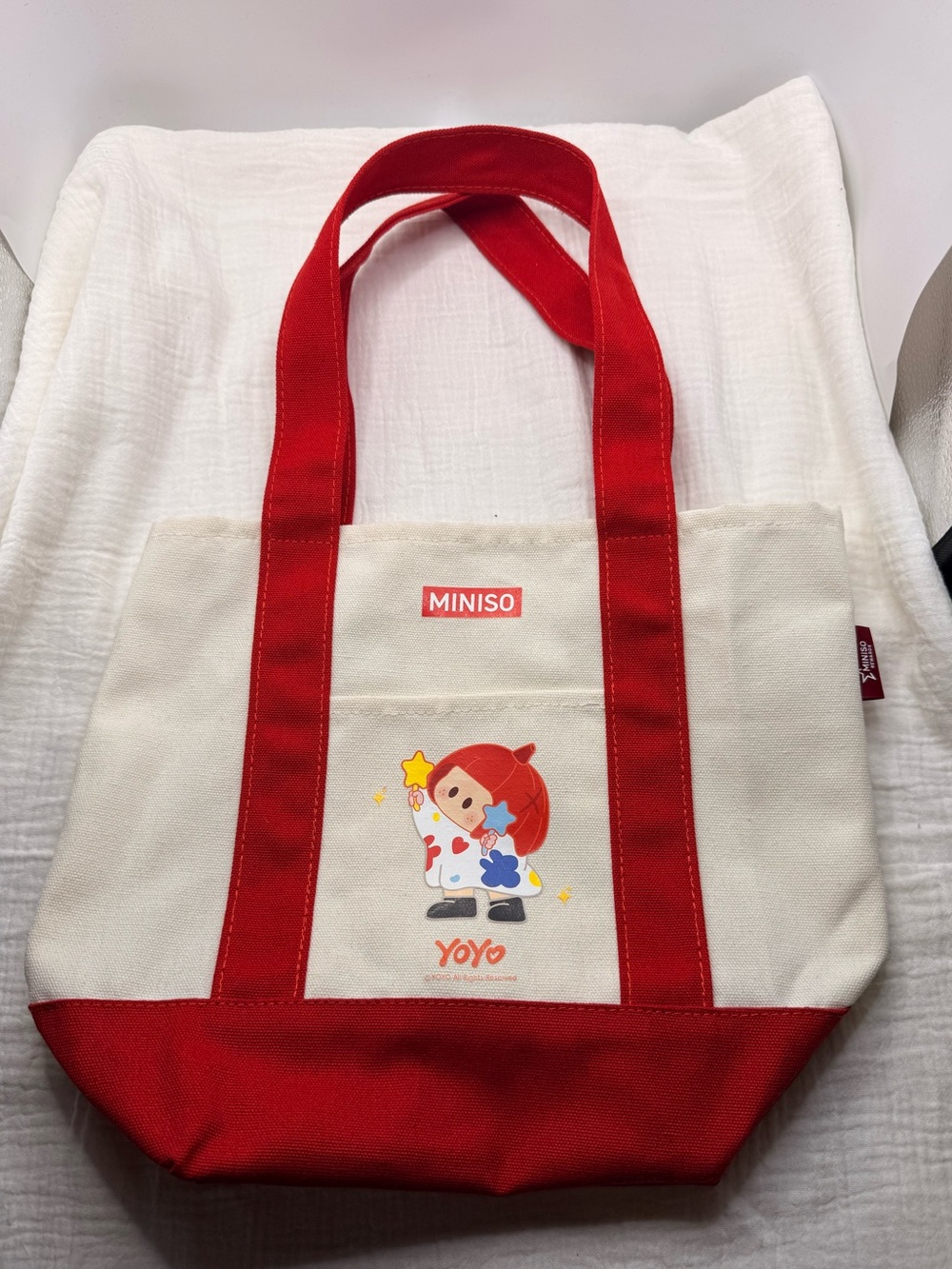 Miniso Yoyo Canvas Tote Bag Red Cream Character Graphic Small Handbag Everyday